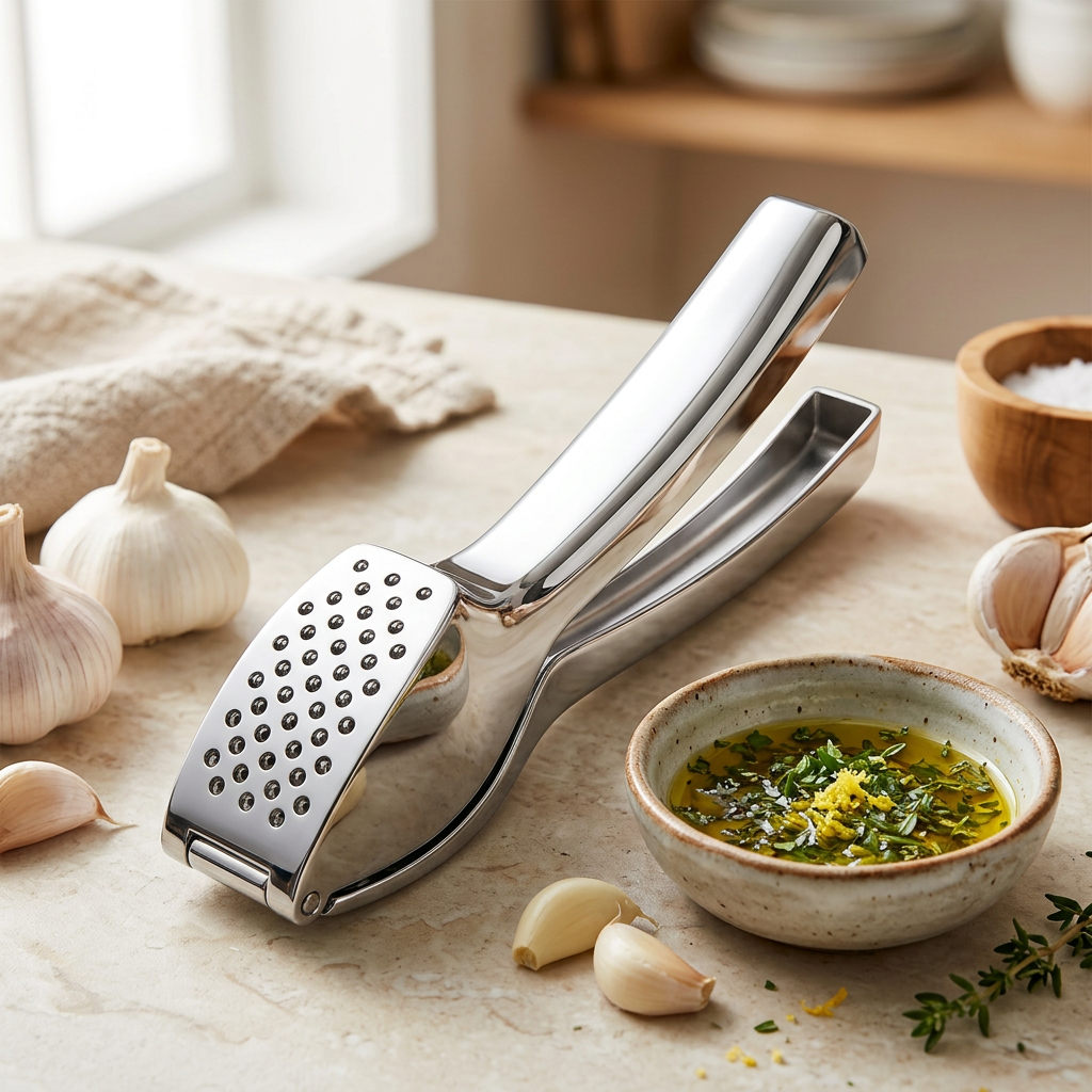 Presse-ail à levier courbe, zinc et inox, en situation dans la cuisine