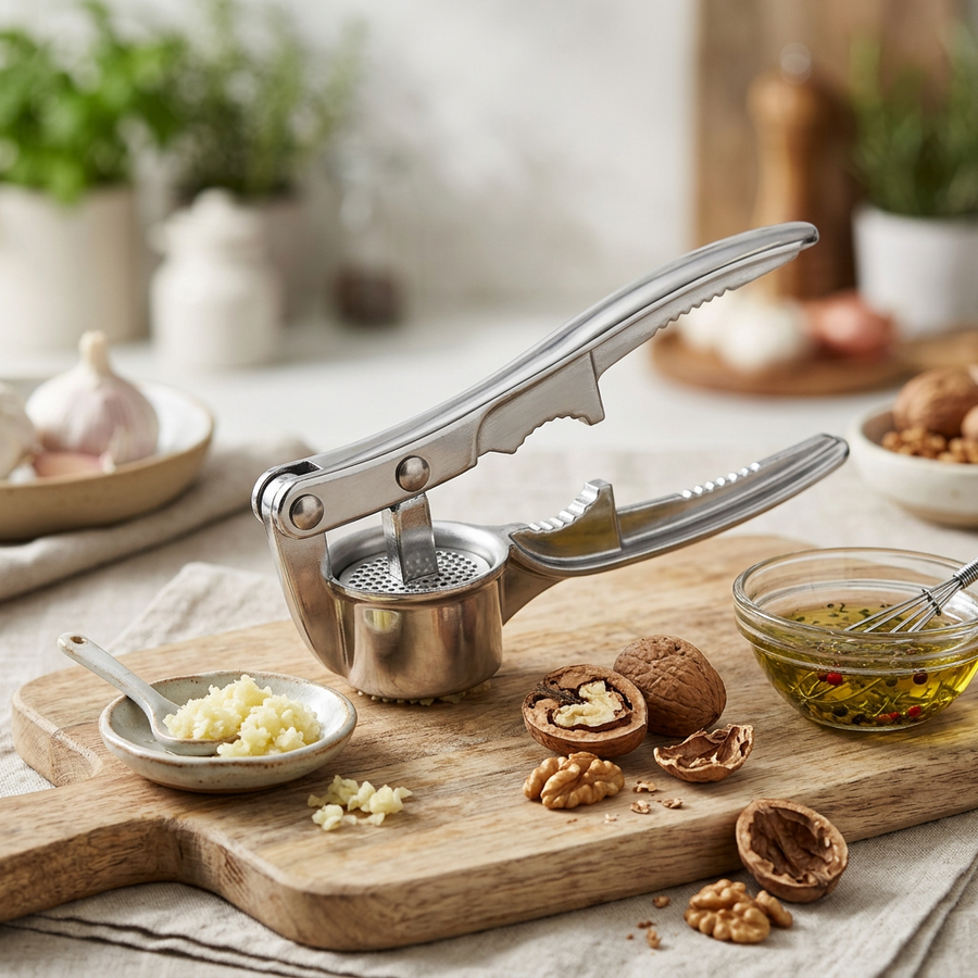 Presse-ail inox à cuve ronde avec casse-noix, résultat obtenu