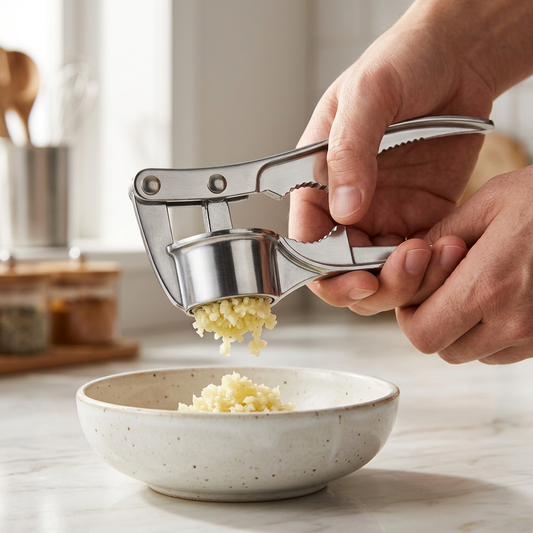 Presse-ail inox à cuve ronde avec casse-noix, en cours d'utilisation