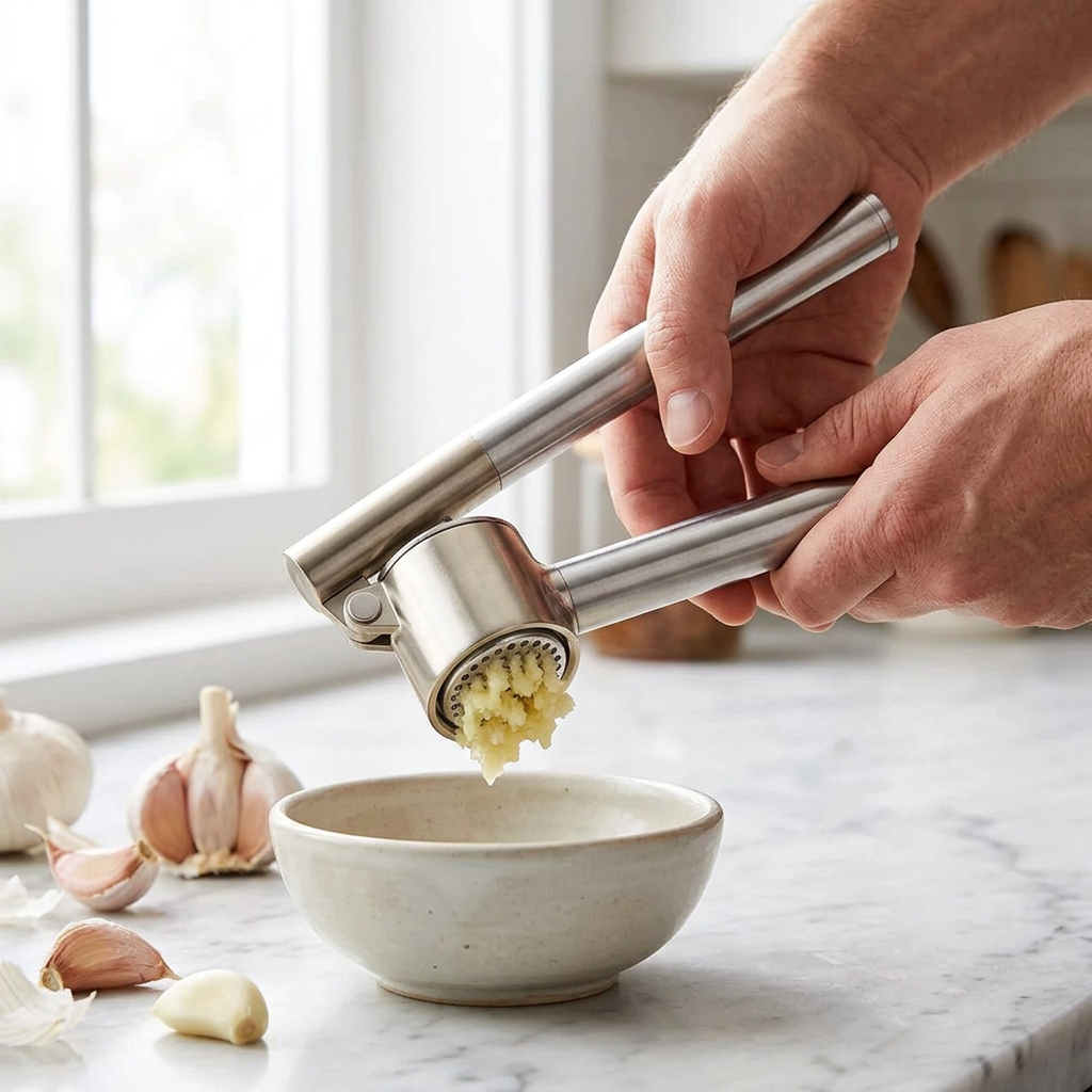 Presse-ail inox à manches tubulaires, panier amovible, en cours d'utilisation