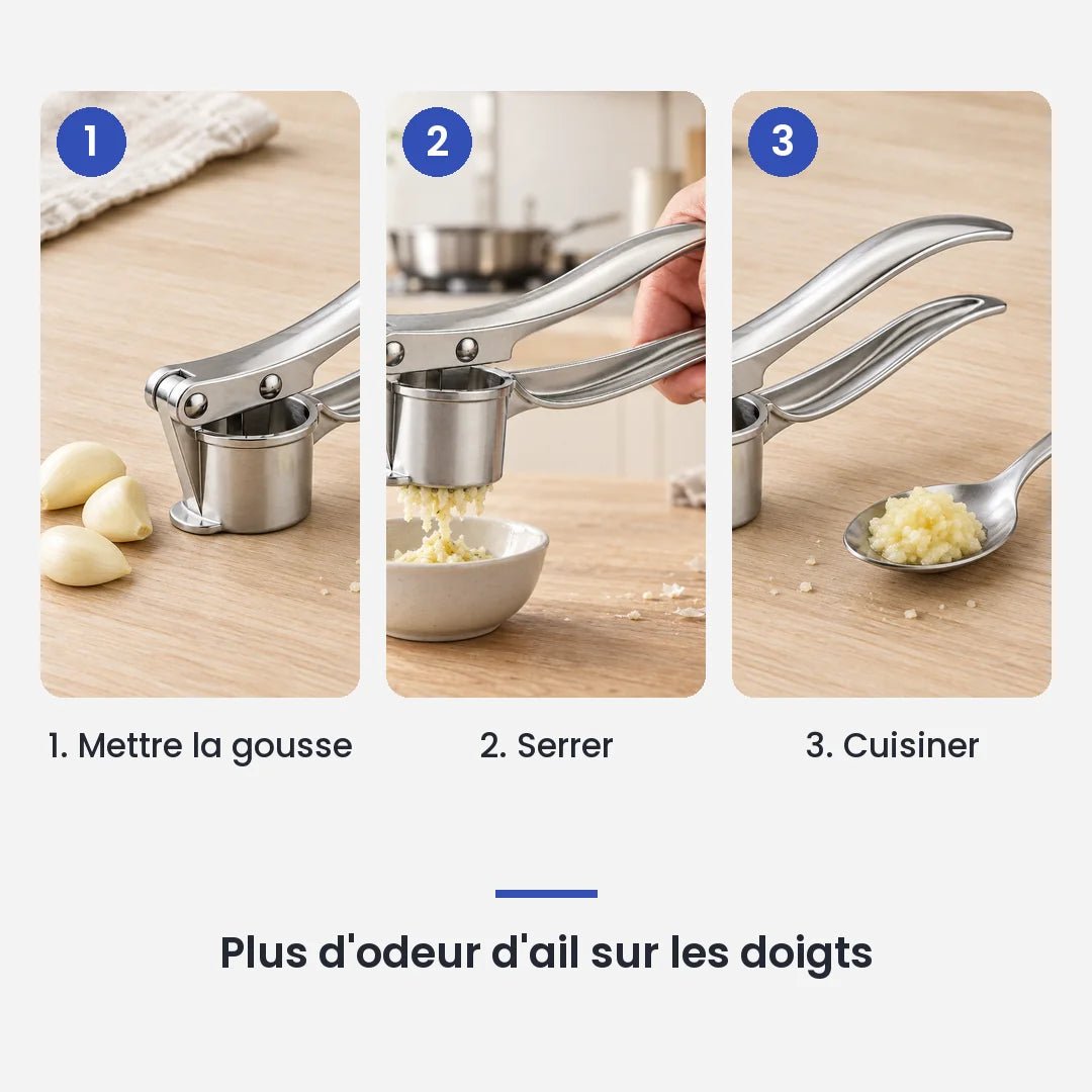 Comment utiliser le hachoir presse-ail manuel en alliage de zinc en 3 étapes : mettre la gousse, serrer, cuisiner
