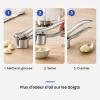 Comment utiliser le hachoir presse-ail manuel en alliage de zinc en 3 étapes : mettre la gousse, serrer, cuisiner