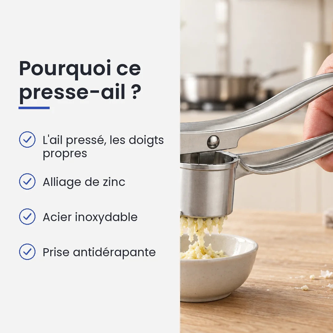 Pourquoi choisir ce presse-ail : l'ail pressé, les doigts propres, alliage de zinc, acier inoxydable, prise antidérapante