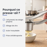 Pourquoi choisir ce presse-ail : l'ail pressé, les doigts propres, alliage de zinc, acier inoxydable, prise antidérapante