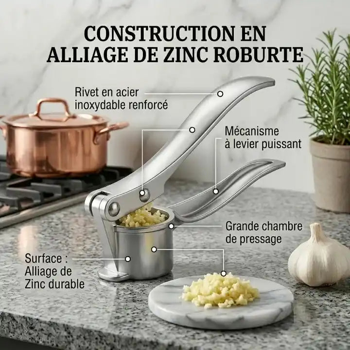 Hachoir presse-ail manuel en alliage de zinc antidérapant en action - Préparation culinaire rapide