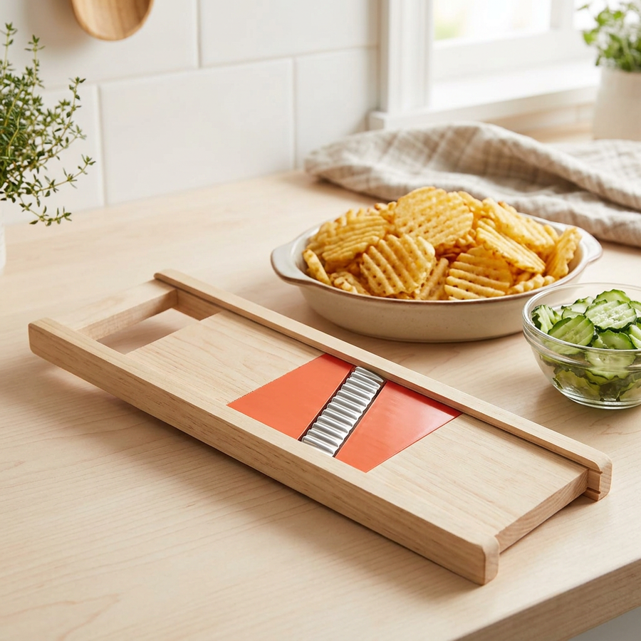 Râpe gaufrette à lame ondulée sur planche, en situation dans la cuisine