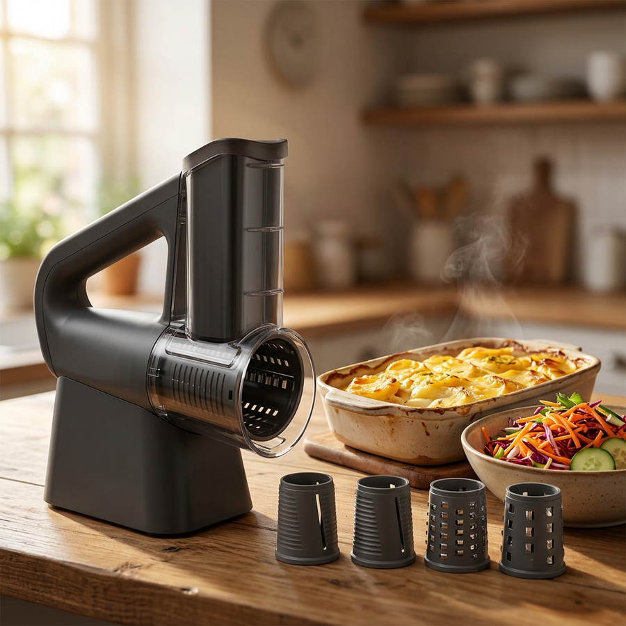 Râpe électrique rotative 4 tambours, en situation dans la cuisine