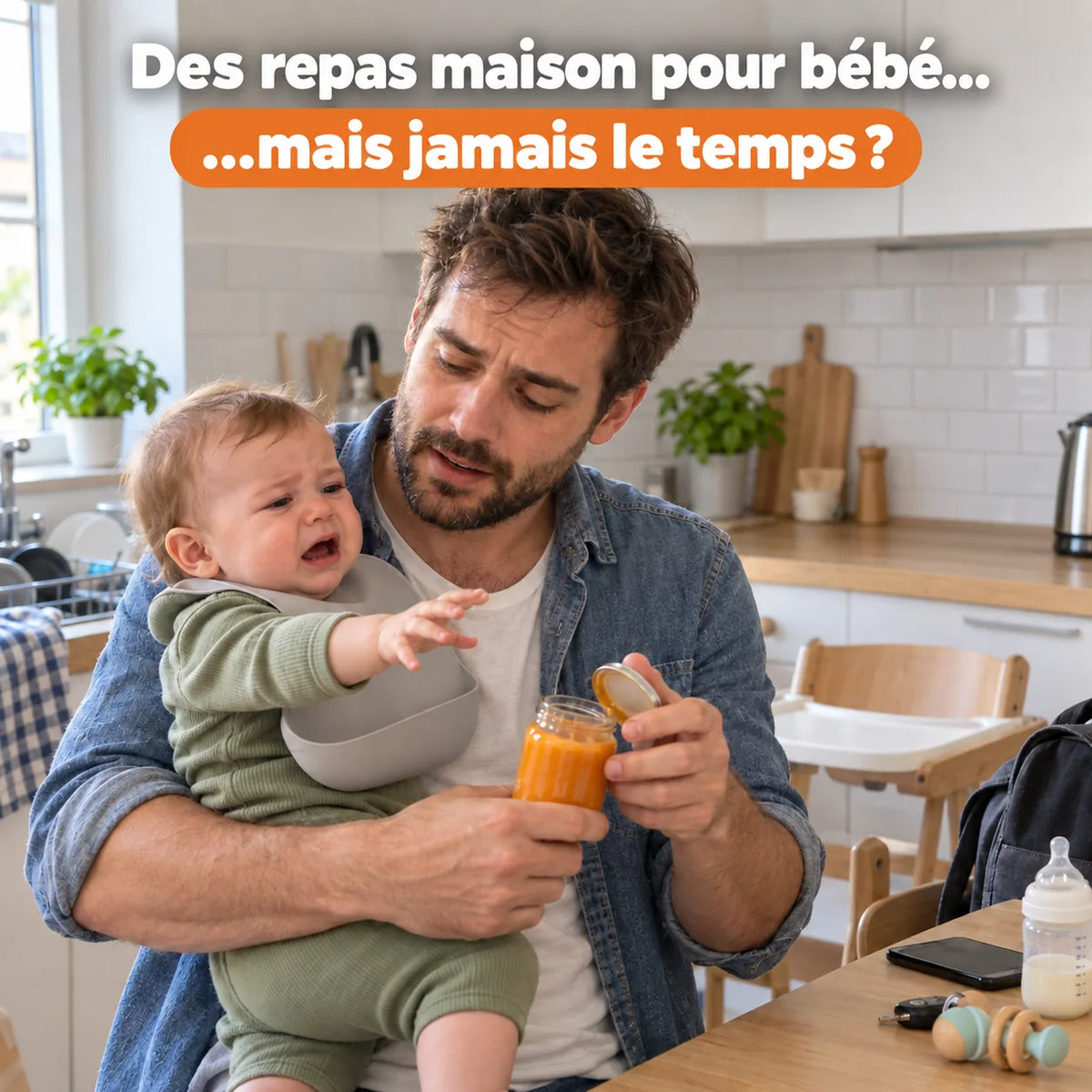 Papa tenant son bébé affamé dans la cuisine avant la préparation d’un repas maison