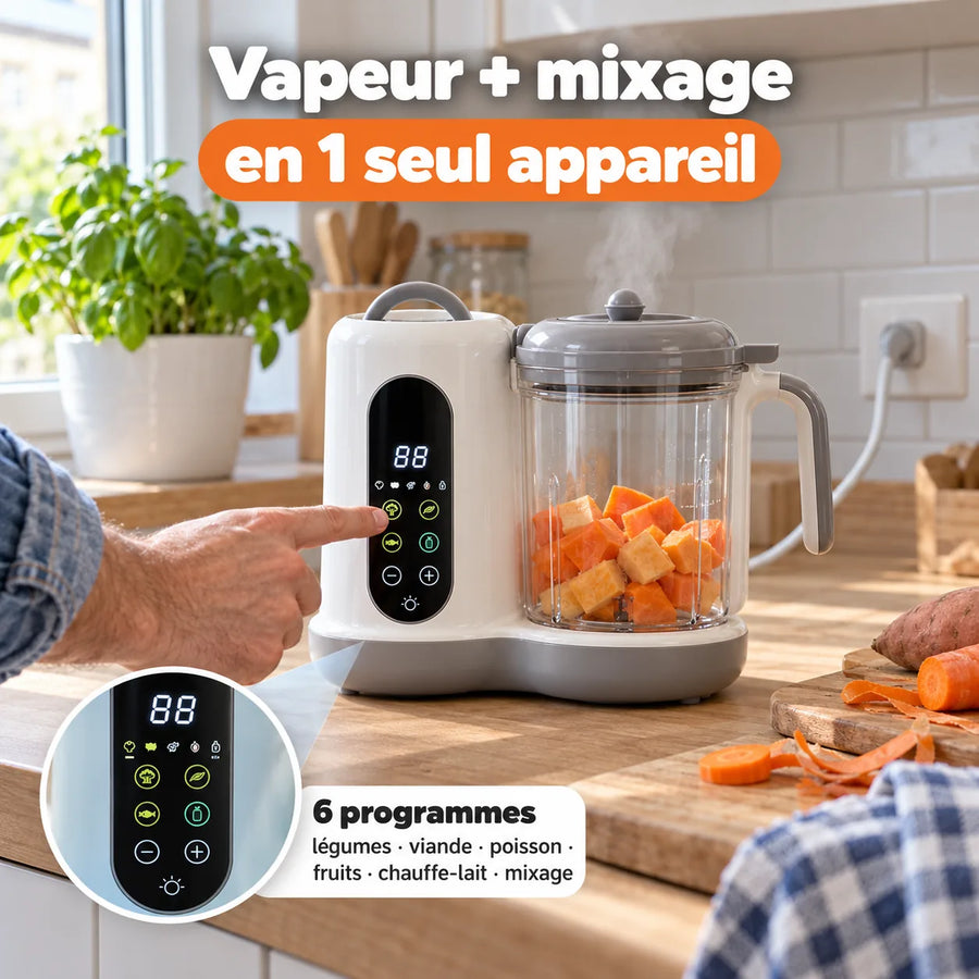 Robot bébé vapeur et mixeur avec bol transparent et écran tactile à 6 programmes
