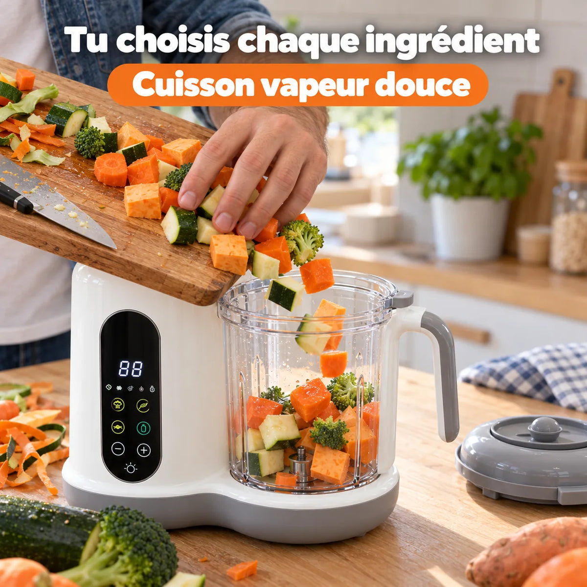Légumes frais versés dans le bol du robot bébé pour une cuisson vapeur douce