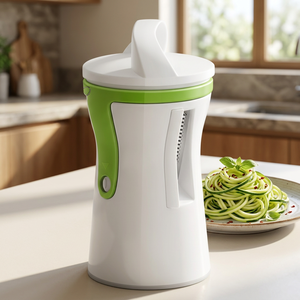 Spiraliseur manuel compact, 2 tailles de julienne, en situation dans la cuisine