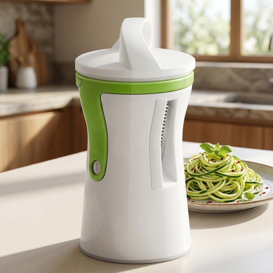 Spiraliseur manuel compact, 2 tailles de julienne, en situation dans la cuisine