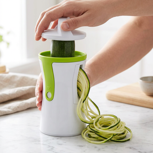 Spiraliseur manuel compact, 2 tailles de julienne, en cours d'utilisation