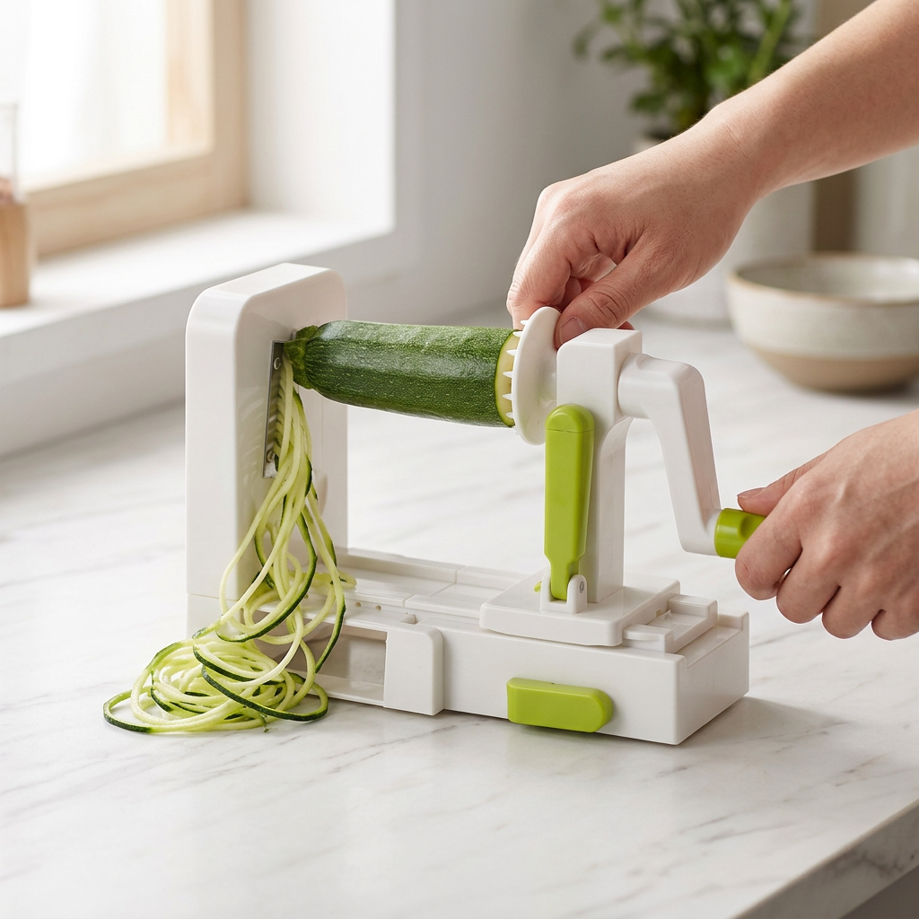 Spiraliseur à légumes 5 lames pliable, en cours d'utilisation