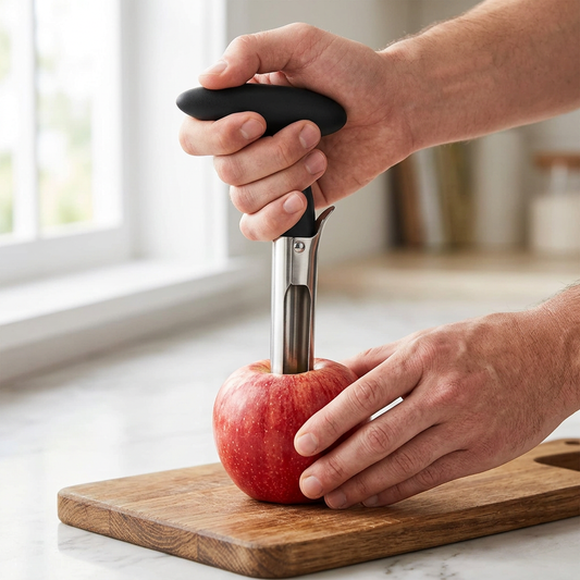 Vide-pomme inox premium, en cours d'utilisation